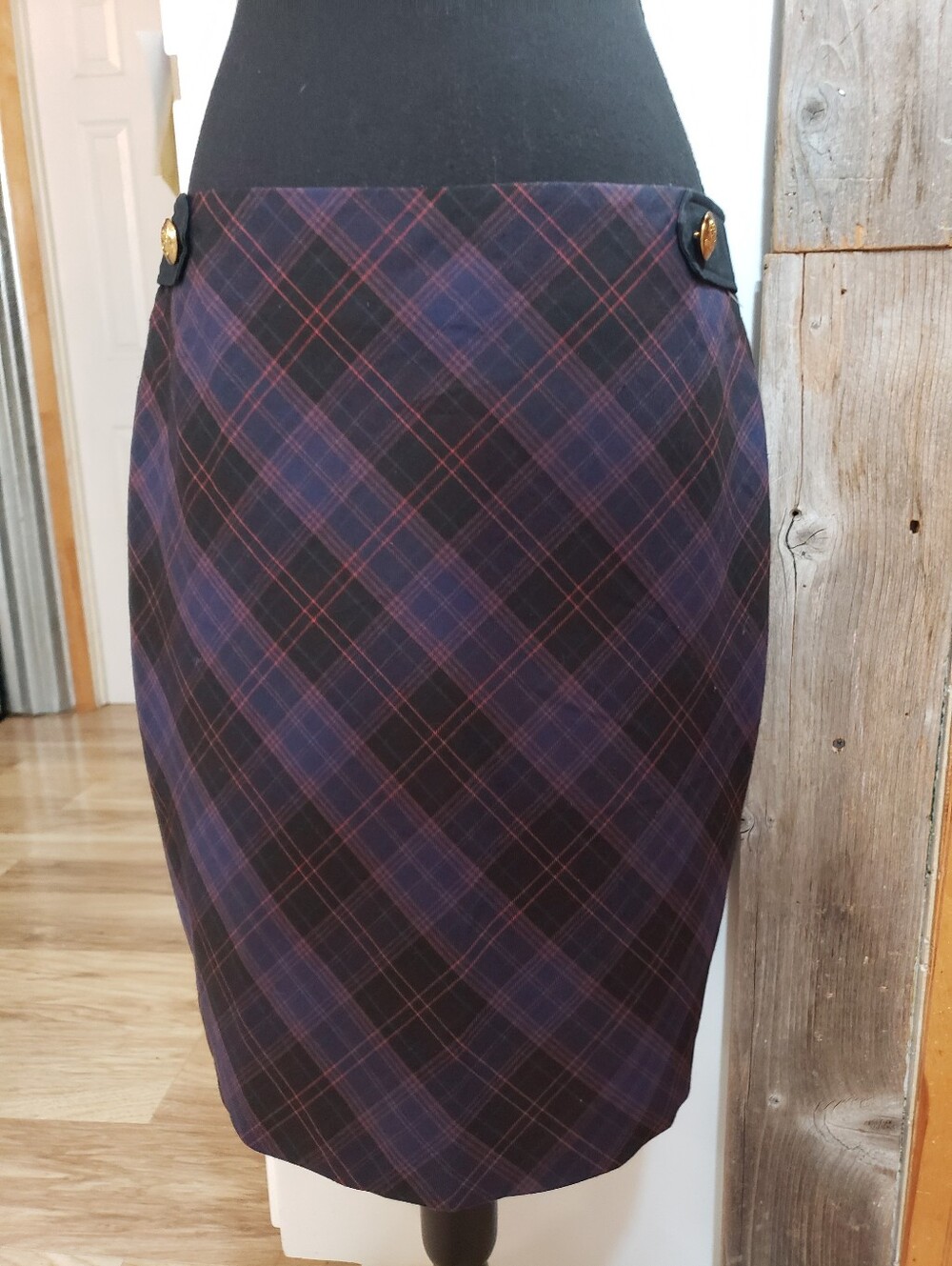 The Limited Plaid Sailor Preppy Pencil Skirt Size 10 Gold Buttons